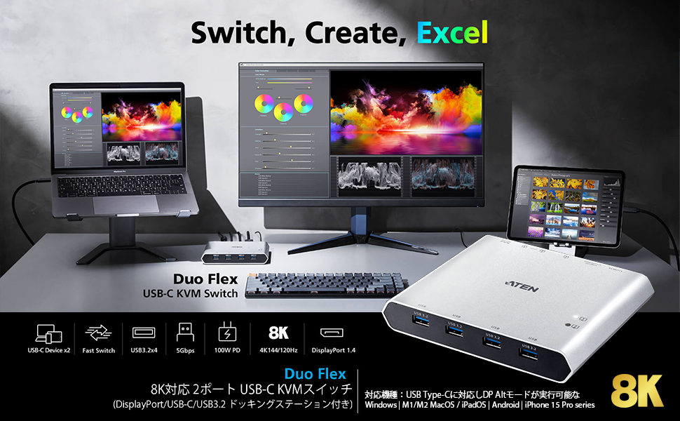 ATEN 8K対応 2ポート USB-C KVMスイッチ（DisplayPort/USB-C